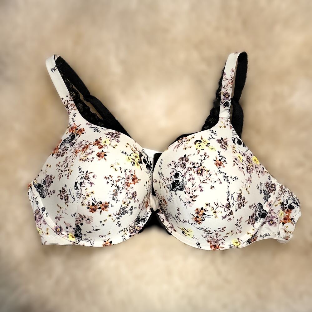 Torrid Curve 46D Skull Floral Lace Trim Full Coverage Underwire Bra NWOT